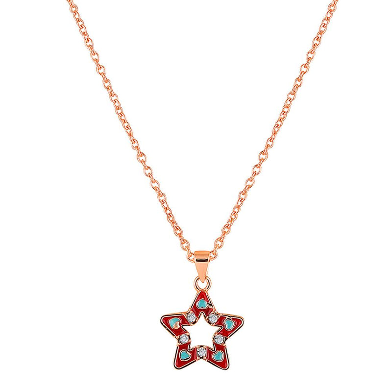 Mahi Rose Gold Plated Red Meenakari Work and Crystals Star Necklace Pendant for Women (PS1101867ZRed)