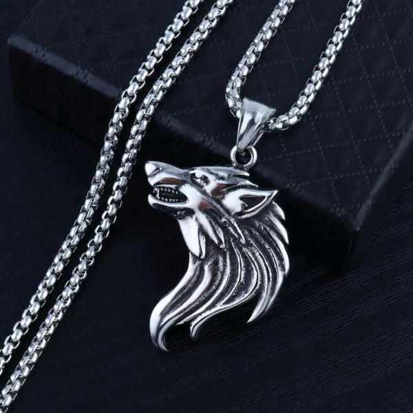 Mahi Oxidised Rhodium Plated Wolf-Shaped Pendant Necklace with Chain for Men (PS1101884R)