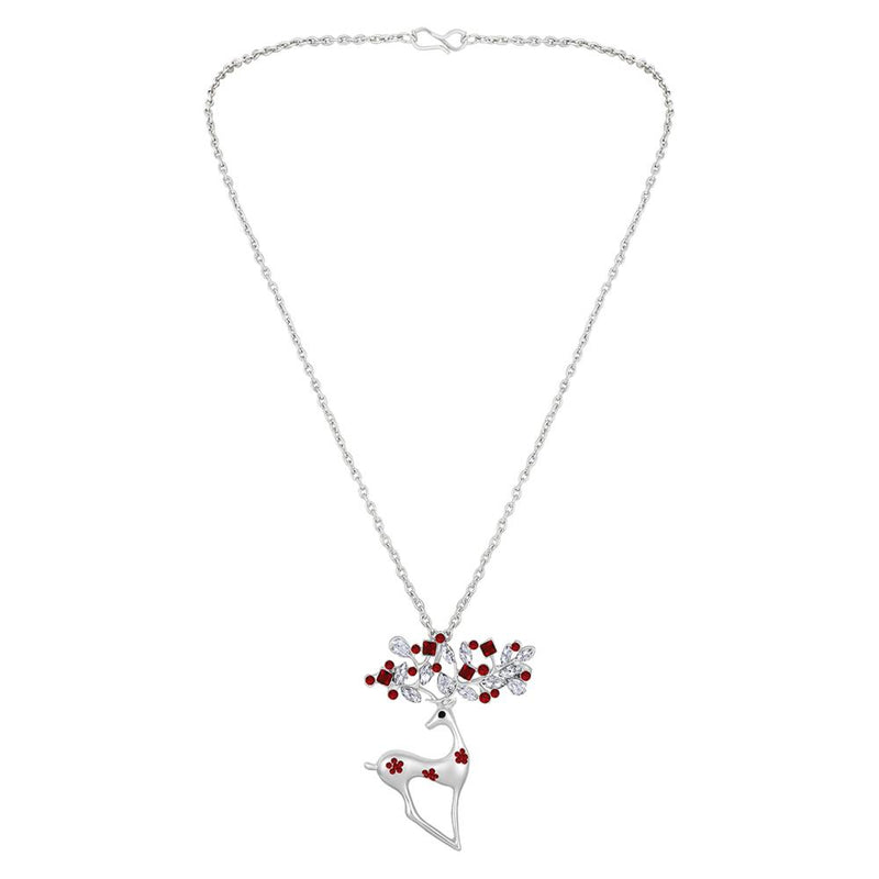 Mahi Red and White Crystals Cute Deer-Shaped Pendant Necklace witth Long Chain for Women (PS1101886RRed)
