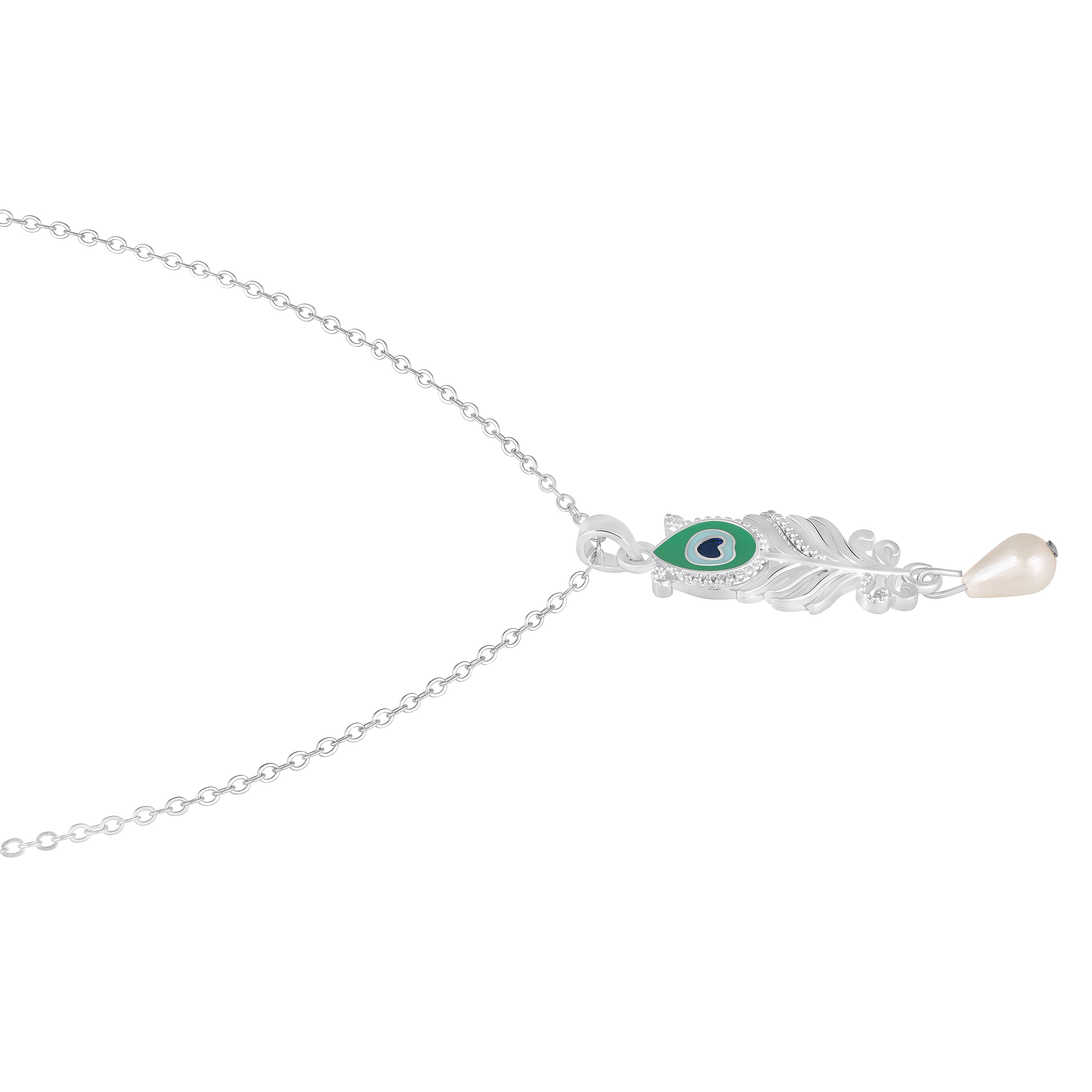 Mahi Peacock-Feather-Theme Meenakari Work Pendant Necklace for Women with Crystals and Pearl Drop (PS1101961R)