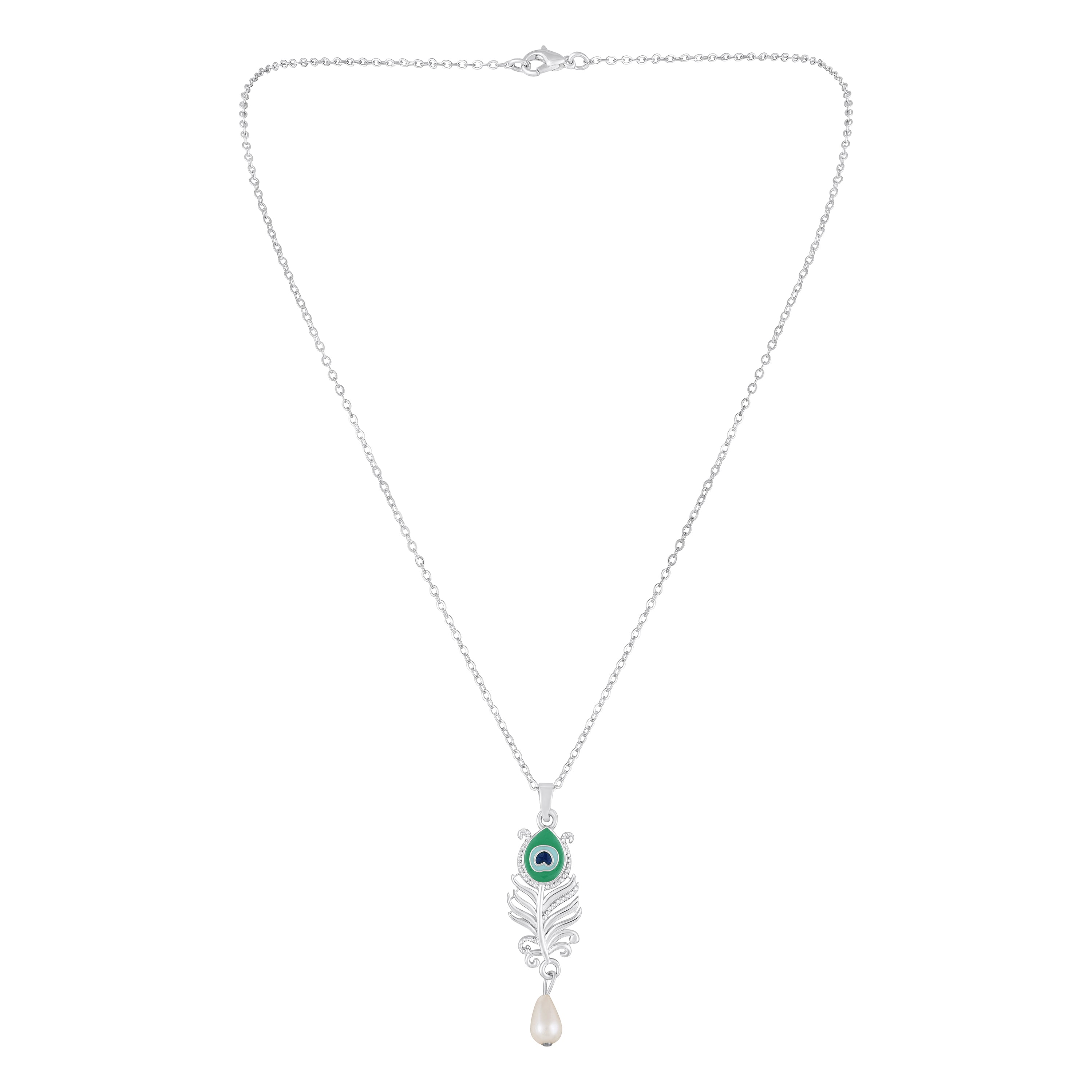 Mahi Peacock-Feather-Theme Meenakari Work Pendant Necklace for Women with Crystals and Pearl Drop (PS1101961R)