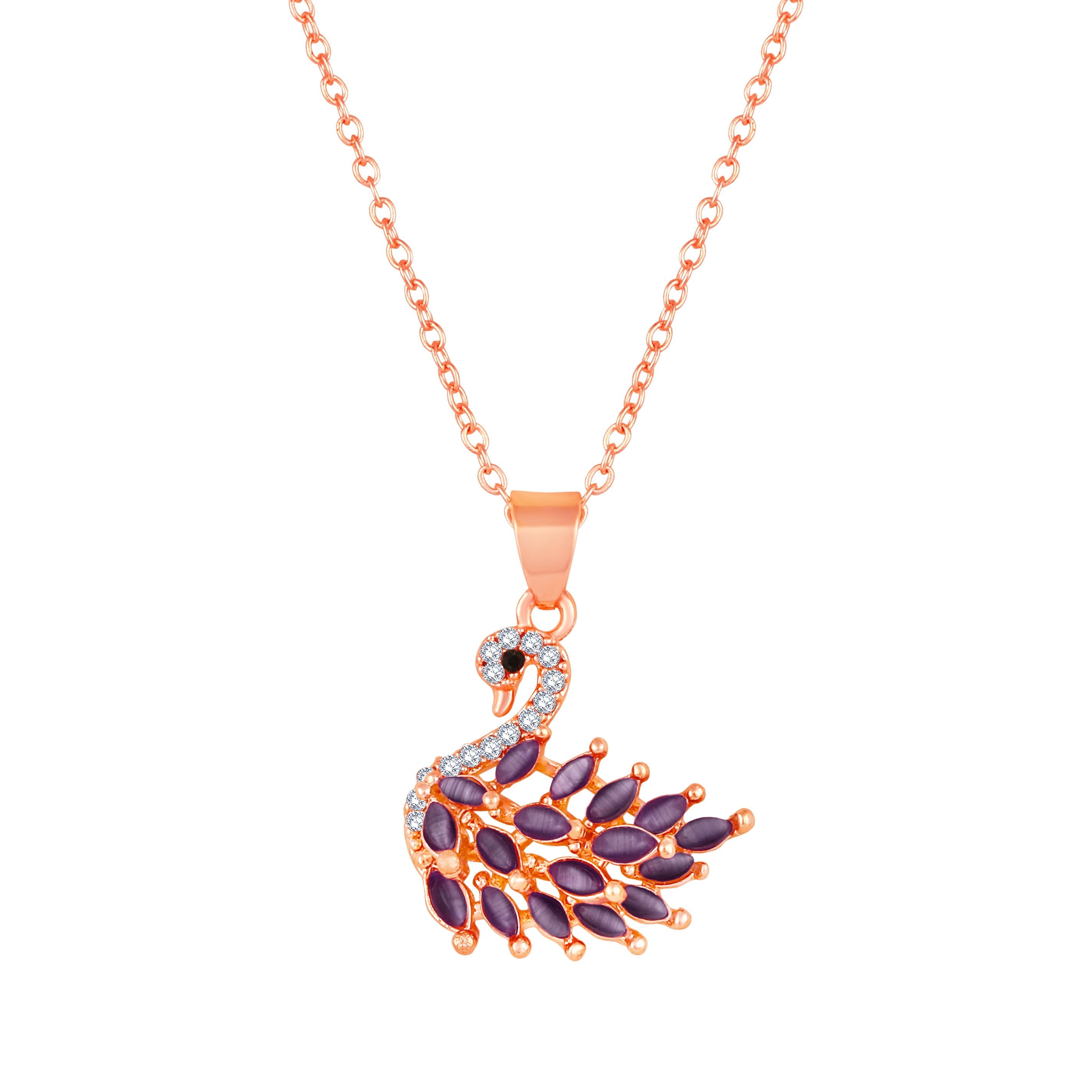 Mahi Swan-Shaped Pendant Necklace with Purple Monalisa Catseye Marquise Stones on Silver-Tone Chain | Elegant Daily & Party Wear for Women (PS1101963ZPur)