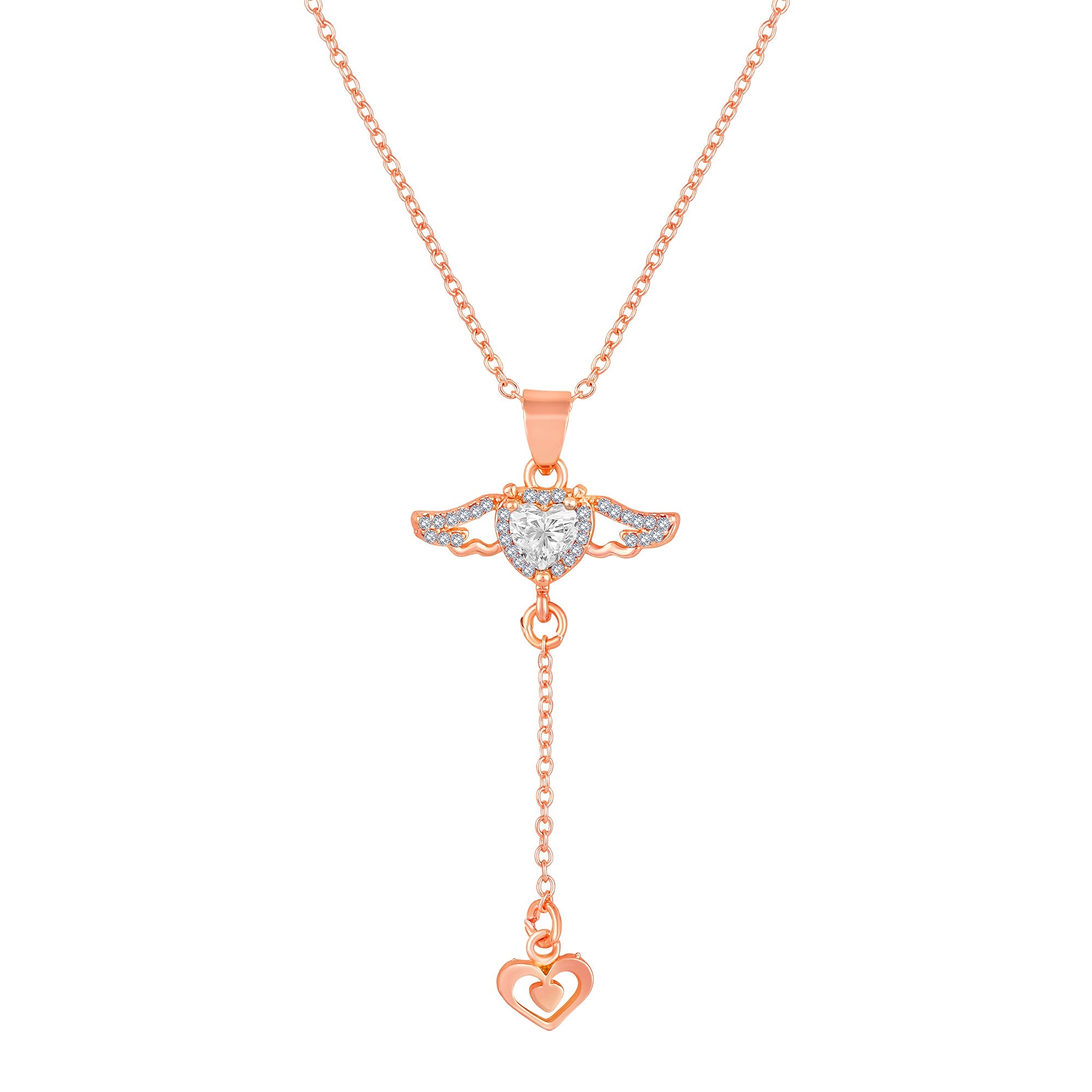 Mahi Angel Winged-Shaped & Heart Lariat Pendant Necklace with Dangling Heart Charm & Sparkling Stones | Rose-Gold Tone Chain for Women (PS1101969ZWhi)