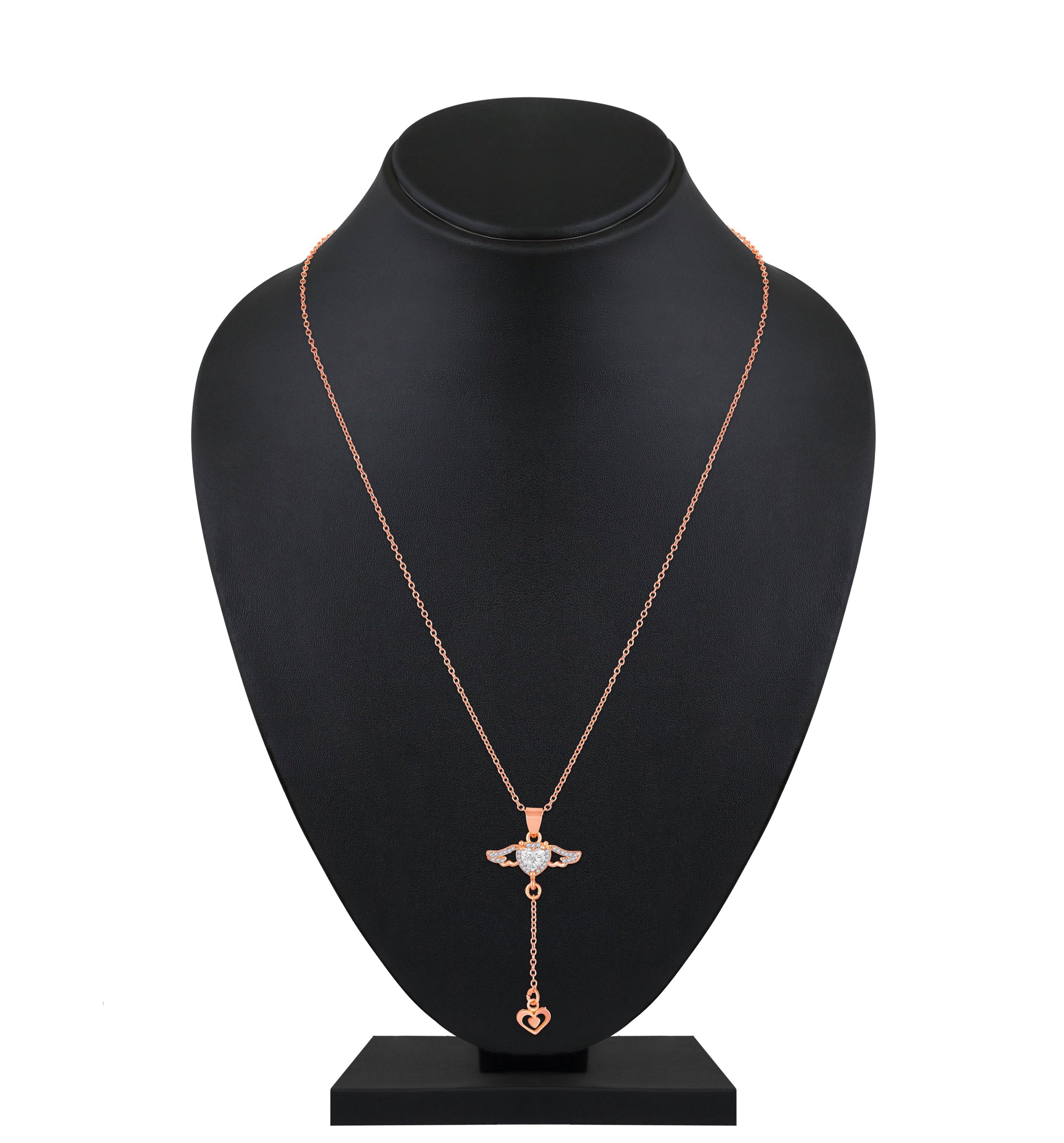 Mahi Angel Winged-Shaped & Heart Lariat Pendant Necklace with Dangling Heart Charm & Sparkling Stones | Rose-Gold Tone Chain for Women (PS1101969ZWhi)