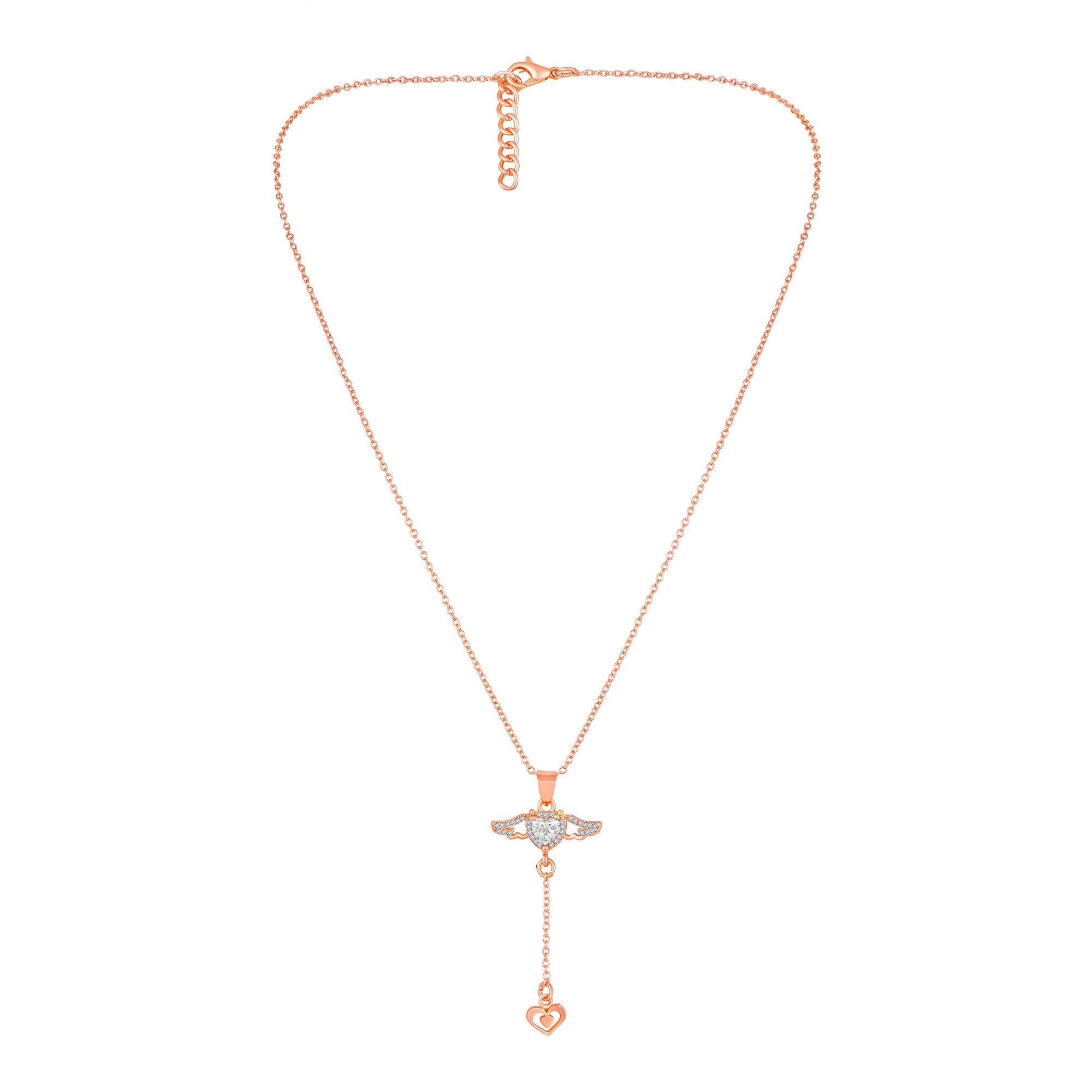 Mahi Angel Winged-Shaped & Heart Lariat Pendant Necklace with Dangling Heart Charm & Sparkling Stones | Rose-Gold Tone Chain for Women (PS1101969ZWhi)