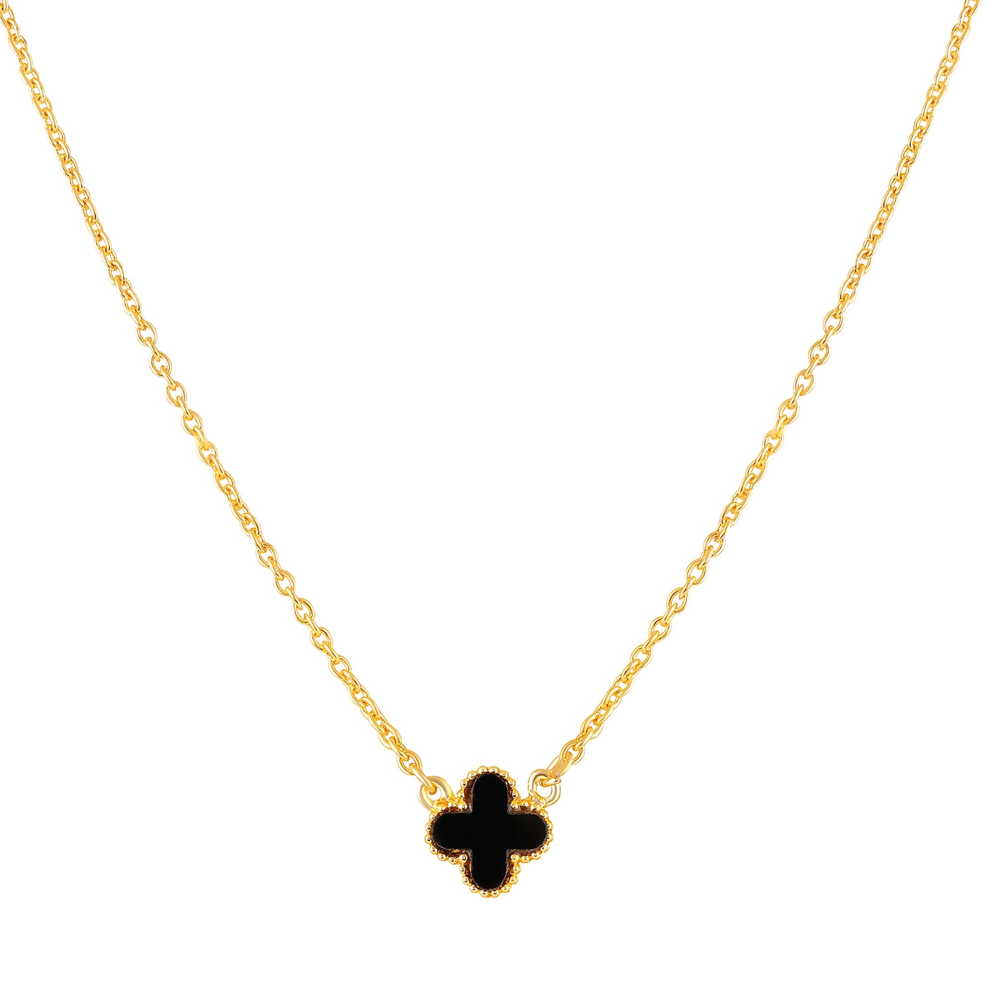 Mahi Black Clover Pendant Necklace with Beaded Edge on Gold Tone Chain Pendant for Women (PS1101972GBla)