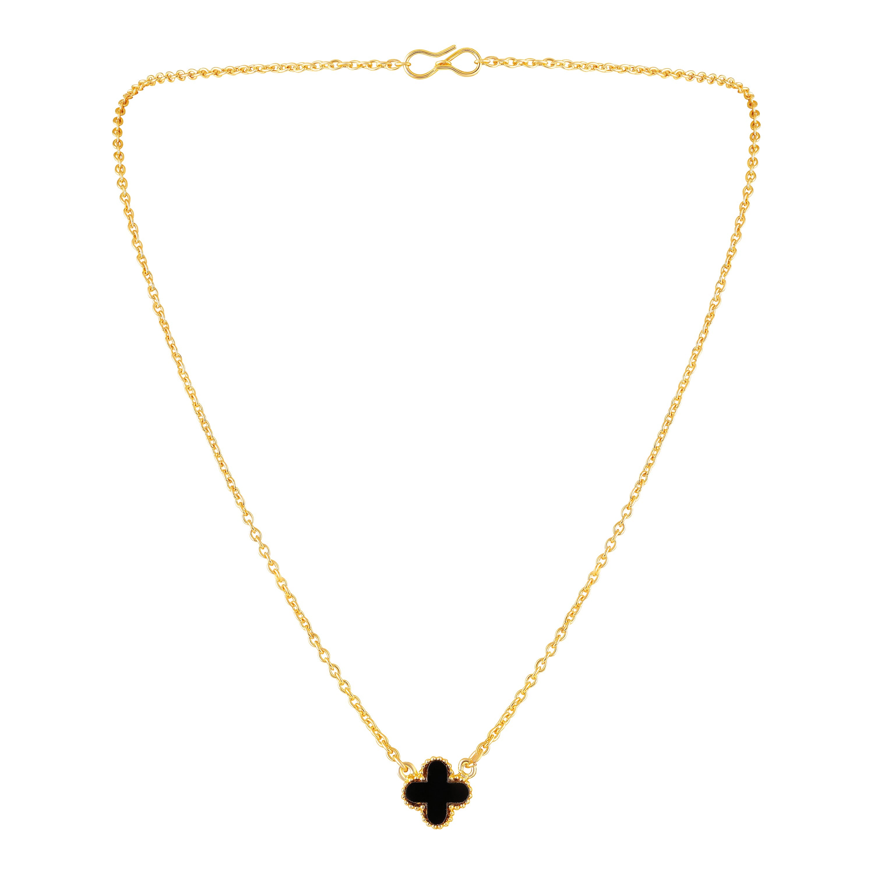 Mahi Black Clover Pendant Necklace with Beaded Edge on Gold Tone Chain Pendant for Women (PS1101972GBla)
