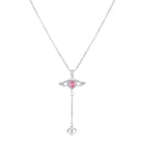 Mahi Winged Heart Pink Crystal Lariat Pendant Necklace with Dangle Heart Charm | Silver Finish (PS1101975RPin)
