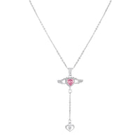 Mahi Winged Heart Pink Crystal Lariat Pendant Necklace with Dangle Heart Charm | Silver Finish (PS1101975RPin)