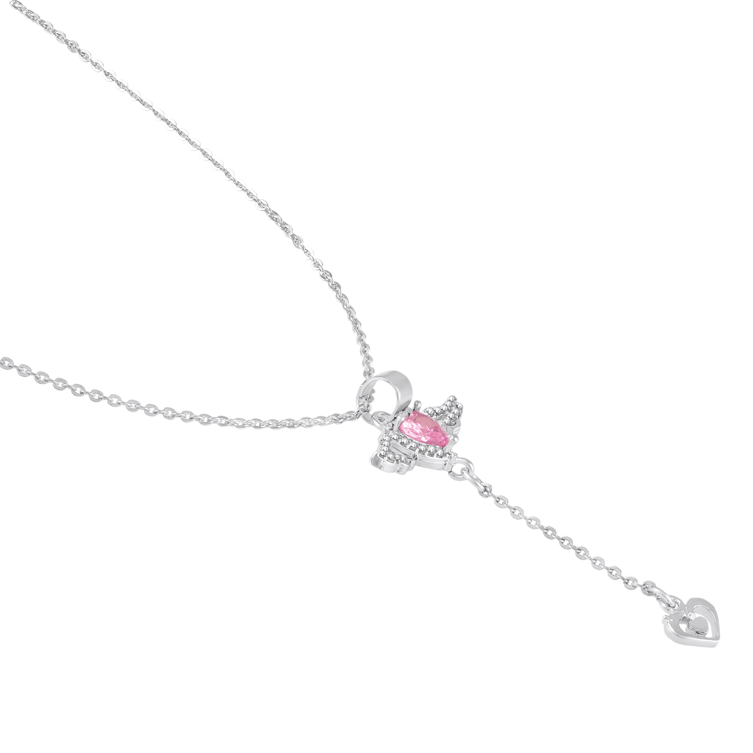 Mahi Winged Heart Pink Crystal Lariat Pendant Necklace with Dangle Heart Charm | Silver Finish (PS1101975RPin)