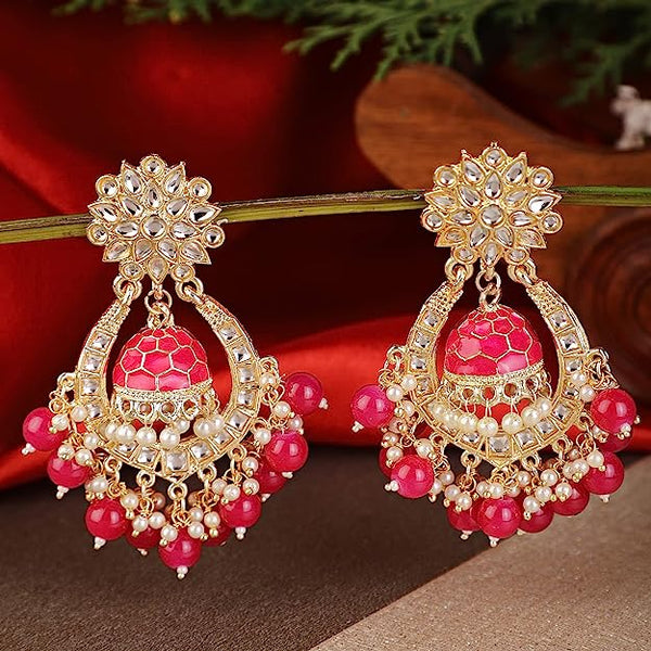 Subhag Alankar Pink Attractive Brass pearl bead stone jhumki earrings for women and girls