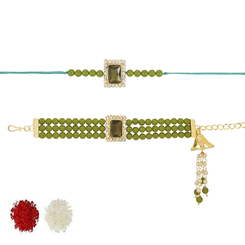 Etnico I Jewels Designer Kundan & Pearl Hanging Bhaiya Bhabhi Lumba Rakhi Combo Set with Roli Chawal and Rakshabandhan Card (R010MH-CO)