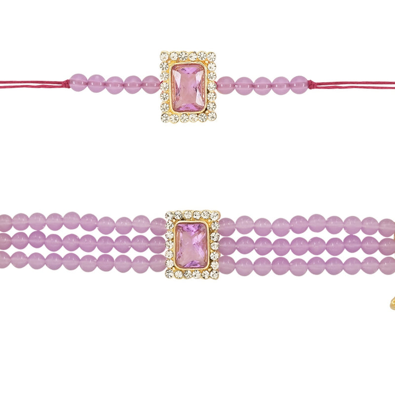 Etnico I Jewels Rakshabandhan Special Bhaiya Bhabhi Pearl Hanging Lumba Rakhi Combo Set With Roli Chawal (R010Pu-CO)