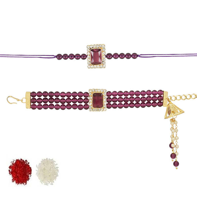 Etnico I Jewels Designer Kundan & Pearl Hanging Bhaiya Bhabhi Lumba Rakhi Combo Set with Roli Chawal and Rakshabandhan Card (R010Wi-CO)