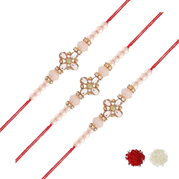 Etnico I Jewels Gold Plated Ethnic Designer Pearl Combo Rakhi Set With Roli Chawal & Rakshabandhan Card For Brother/Bhai/Bro/Men (R022-3) (Pack of 3)