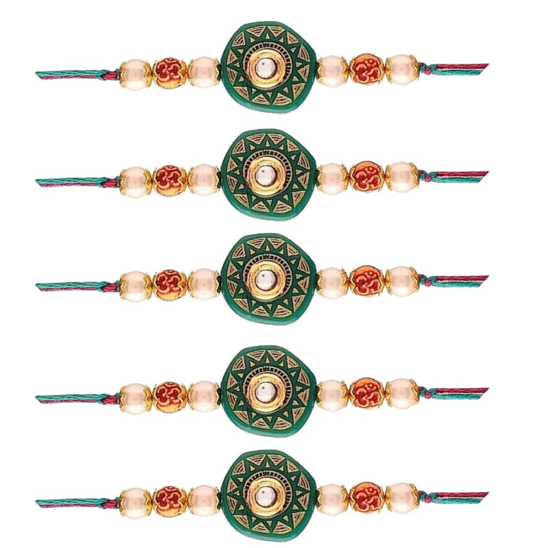 Etnico I Jewels Ethnic Designer Pearl Beads Studded Combo Rakhi Set With Roli Chawal & Rakshabandhan Card For Brother/Bhai/Bro/Men (R057G-5) (Pack Of 5)