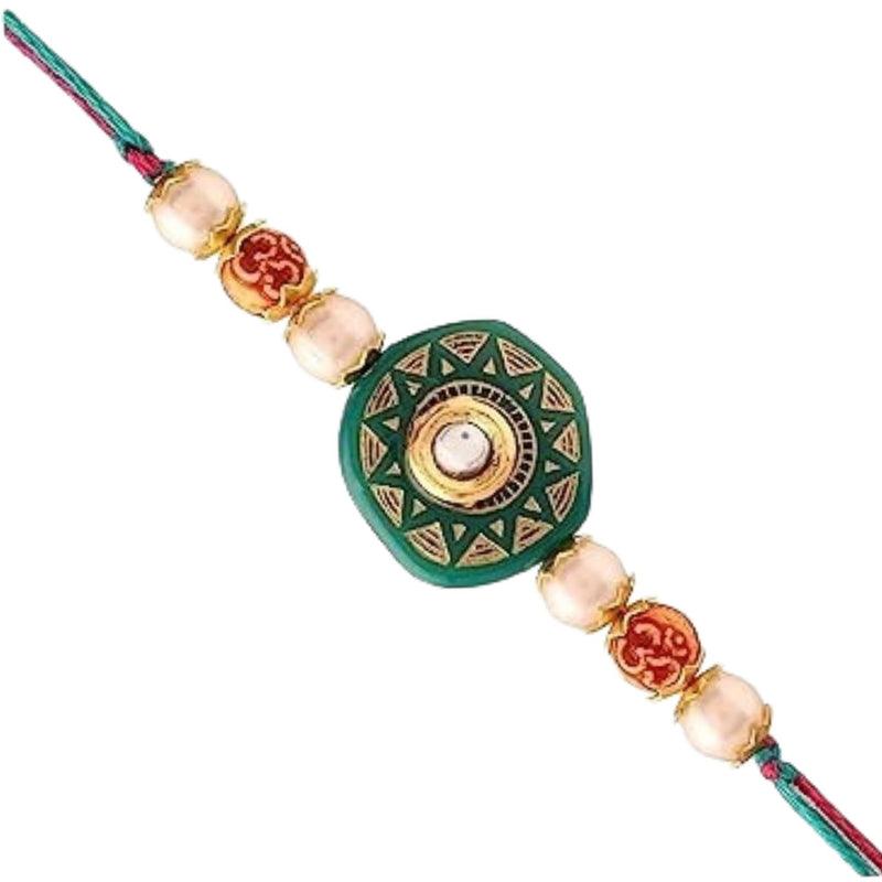 Etnico I Jewels Ethnic Designer Pearl Beads Studded Combo Rakhi Set With Roli Chawal & Rakshabandhan Card For Brother/Bhai/Bro/Men (R057G-5) (Pack Of 5)