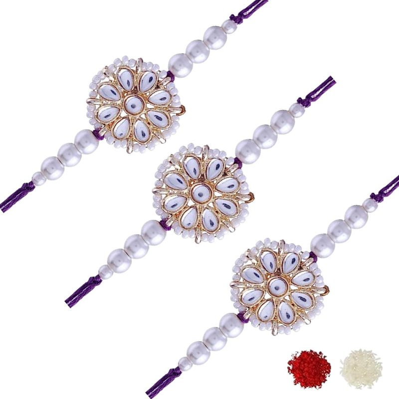 Etnico I Jewels Designer Kundan Pearl Combo Rakhi Set With Roli Chawal & Rakshabandhan Card For Brother/Bhai/Bro/Men (R083W-3) (Set of 3)