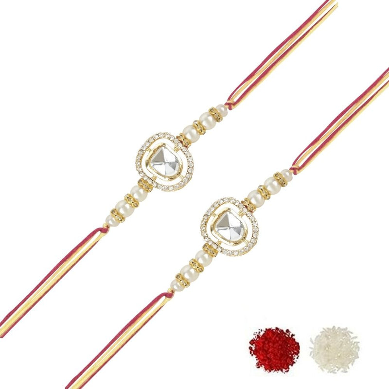 Etnico I Jewels Designer Kundan Pearl Combo Rakhi With Roli Chawal & Rakshabandhan Card For Brother/Bro/Bhai/Men (R094W-2) (Set of 2)