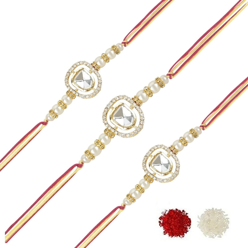 Etnico I Jewels Designer Kundan Pearl Combo Rakhi With Roli Chawal & Rakshabandhan Card For Brother/Bro/Bhai/Men (R094W-3) (Set of 3)