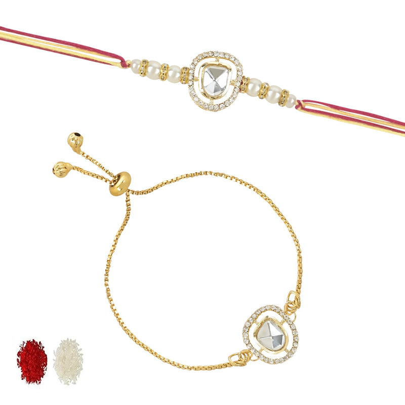 Etnico I Jewels Designer Kundan Pearl Bhaiya Bhabhi Lumba Rakhi Set With Roli Chawal & Rakshabandhan Card (R094W-CO)