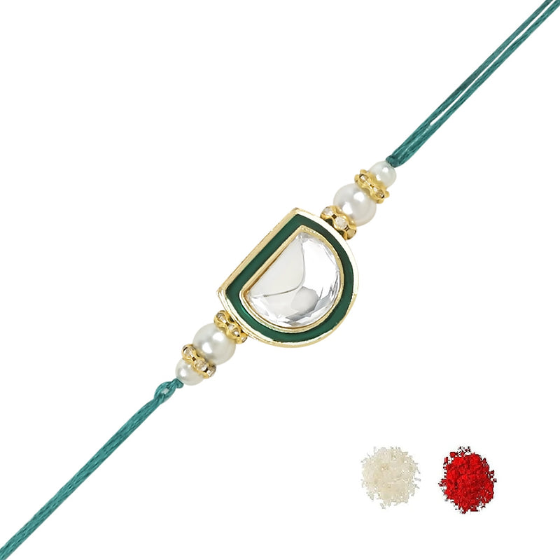 Etnico I Jewels Pearl & Kundan Designer Bhaiya Rakhi With Roli Chawal for Brother/Bro/Men with Rakshabandhan Card (R095G)