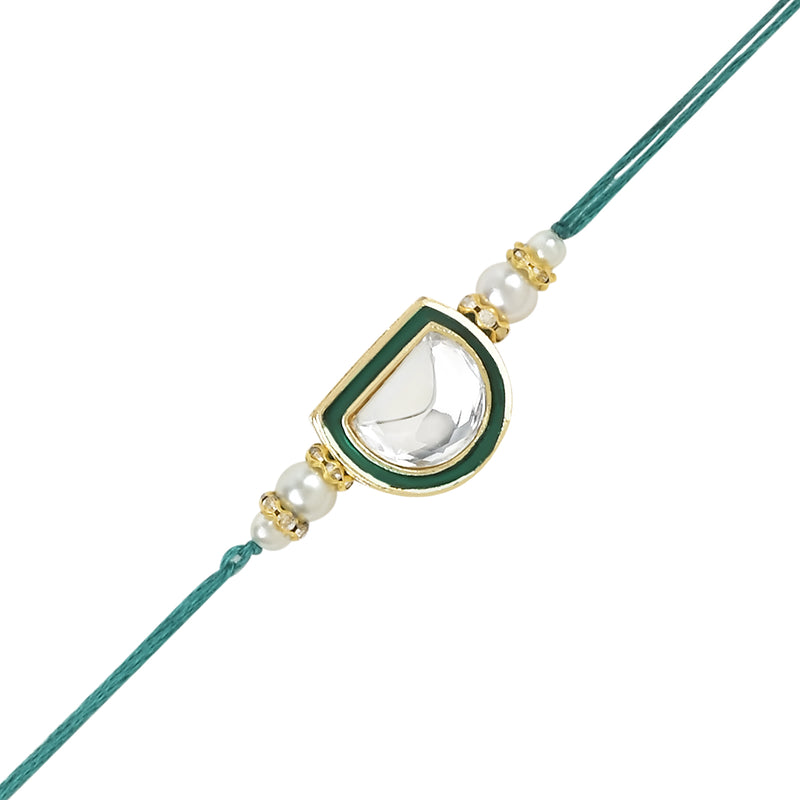 Etnico I Jewels Pearl & Kundan Designer Bhaiya Rakhi With Roli Chawal for Brother/Bro/Men with Rakshabandhan Card (R095M-G)