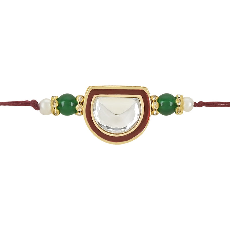 Etnico I Jewels Pearl & Kundan Designer Bhaiya Rakhi With Roli Chawal for Brother/Bro/Men with Rakshabandhan Card (R095M)