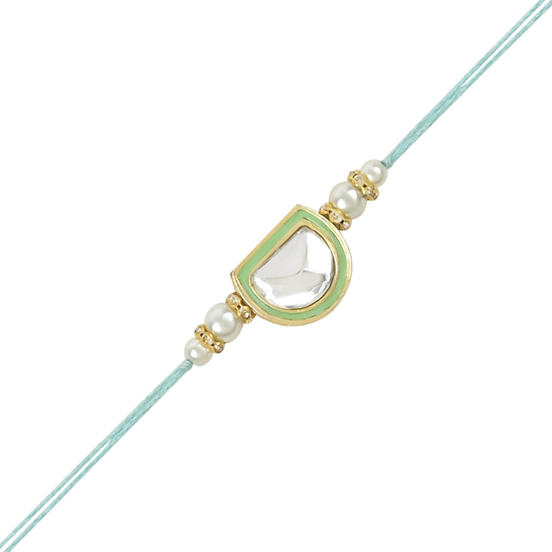 Etnico I Jewels Pearl & Kundan Designer Bhaiya Rakhi With Roli Chawal for Brother/Bro/Men with Rakshabandhan Card (R095Min-G-Pe)