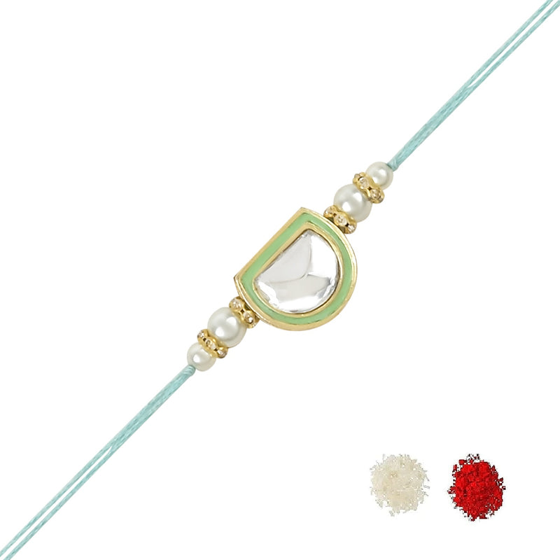 Etnico I Jewels Pearl & Kundan Designer Bhaiya Rakhi With Roli Chawal for Brother/Bro/Men with Rakshabandhan Card (R095Min)