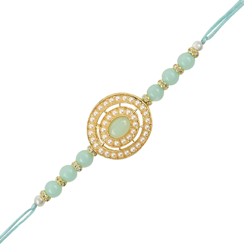 Etnico I Jewels Pearl & Kundan Designer Bhaiya Rakhi With Roli Chawal for Brother/Bro/Men with Rakshabandhan Card (R096-4)