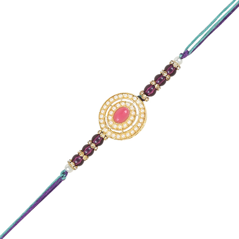 Etnico I Jewels Pearl & Kundan Designer Bhaiya Rakhi With Roli Chawal for Brother/Bro/Men with Rakshabandhan Card (R096-4)