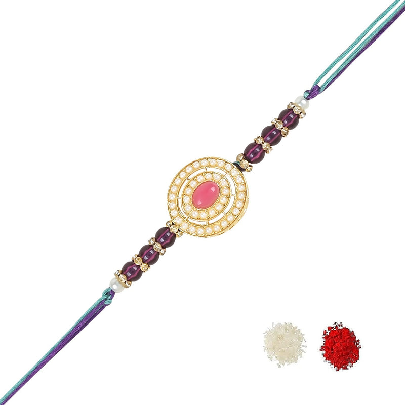 Etnico I Jewels Rakshabandhan Designer Handcrafted Pearl & Kundan Bhaiya Rakhi With Roli Chawal for Brother/Bro/Men(R096Pi)