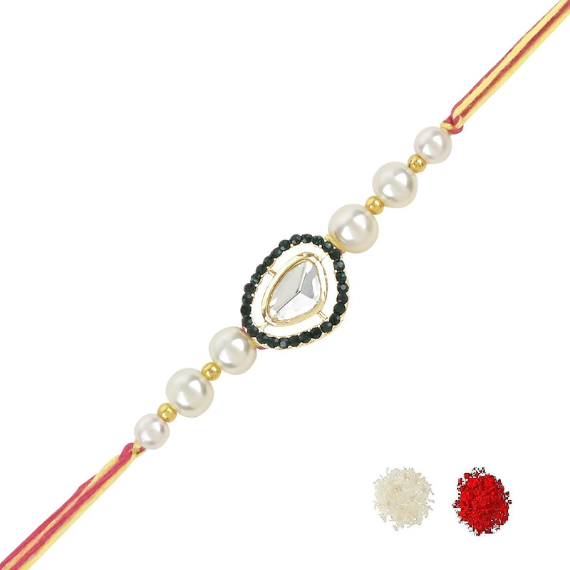 Etnico I Jewels Pearl & Kundan Designer Bhaiya Rakhi With Roli Chawal for Brother/Bro/Men with Rakshabandhan Card (R097G)