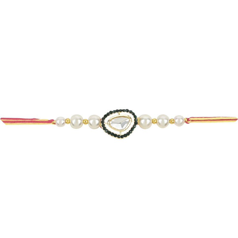 Etnico I Jewels Pearl & Kundan Designer Bhaiya Rakhi With Roli Chawal for Brother/Bro/Men with Rakshabandhan Card (R097G)