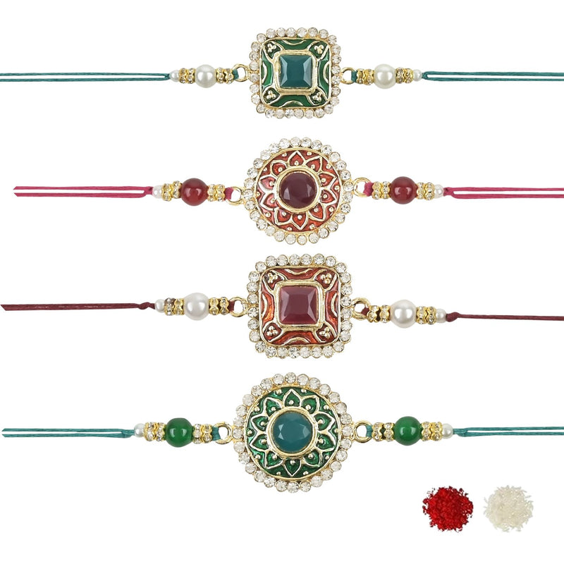 Etnico I Jewels Pearl & Kundan Designer Meenakari Bhaiya Rakhi With Roli Chawal for Brother/Bro/Men with Rakshabandhan Card (R098-100-4) (Pack of 4)