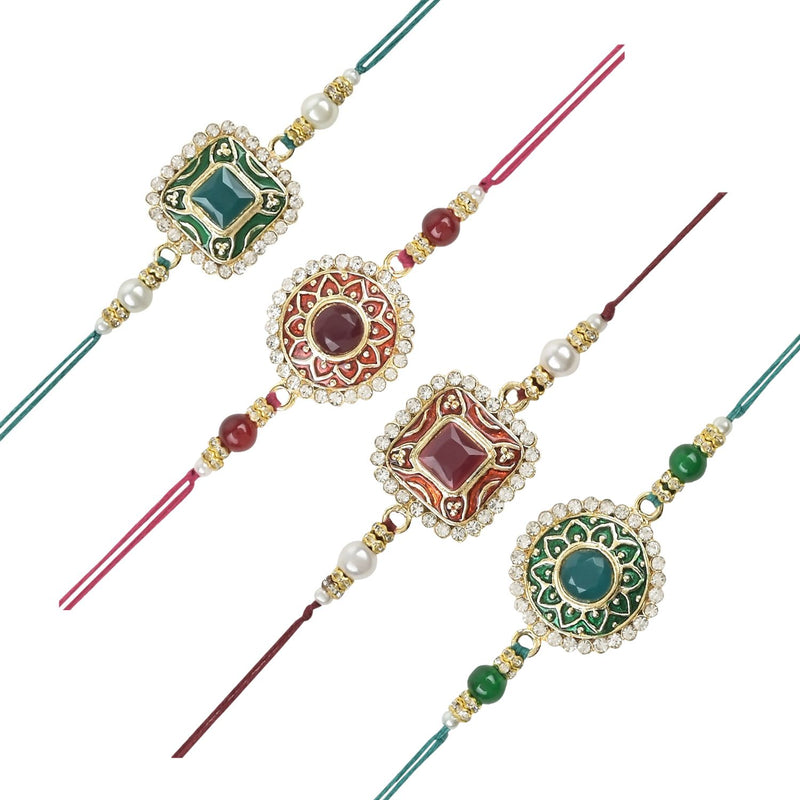 Etnico I Jewels Pearl & Kundan Designer Meenakari Bhaiya Rakhi With Roli Chawal for Brother/Bro/Men with Rakshabandhan Card (R098-100-4) (Pack of 4)