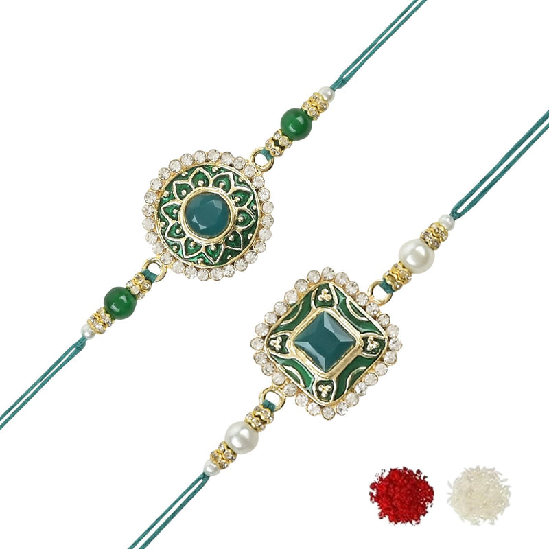 Etnico I Jewels Pearl & Kundan Designer Bhaiya Rakhi With Roli Chawal for Brother/Bro/Men with Rakshabandhan Card (R098G-100G)