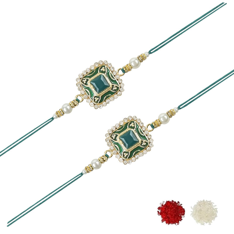 Etnico I Jewels Pearl & Kundan Designer Bhaiya Rakhi With Roli Chawal for Brother/Bro/Men with Rakshabandhan Card (R098G-2)