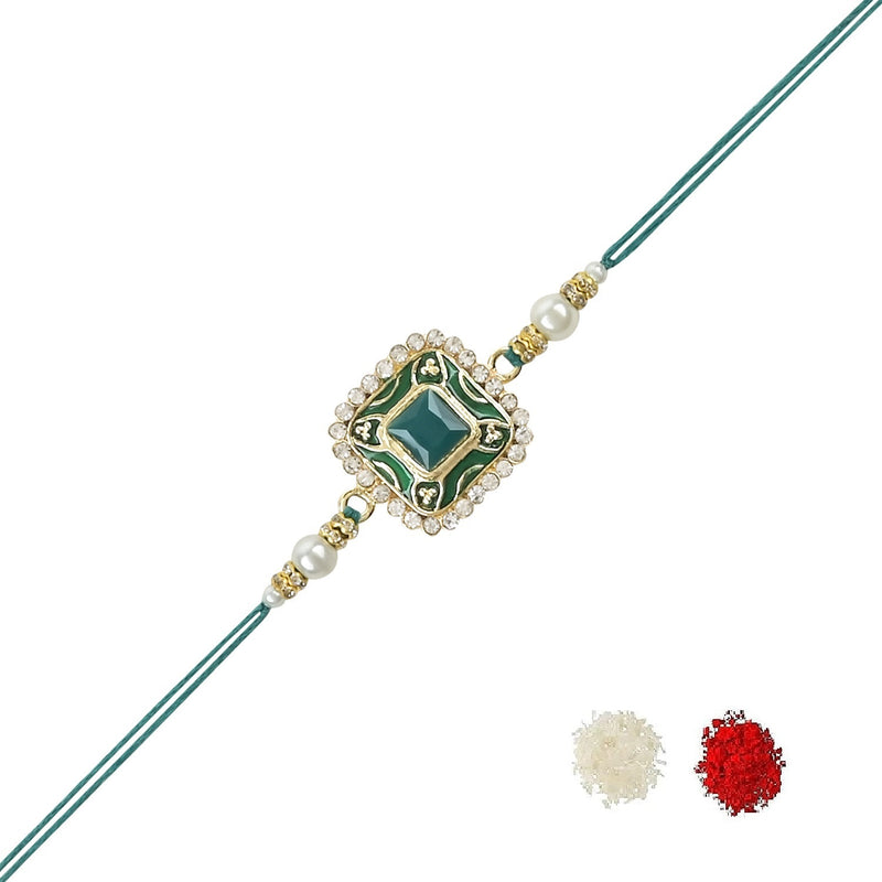 Etnico I Jewels Pearl & Meenakari Designer Bhaiya Rakhi With Roli Chawal for Brother/Bro/Men with Rakshabandhan Card (R098G)