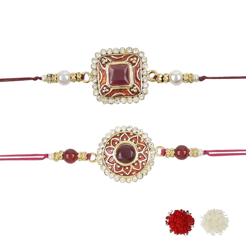 Etnico I Jewels Pearl & Kundan Designer Bhaiya Rakhi With Roli Chawal for Brother/Bro/Men with Rakshabandhan Card (R098M-100M)