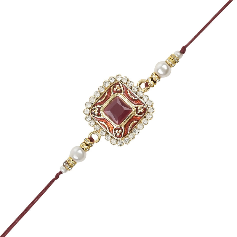 Etnico I Jewels Pearl & Kundan Designer Bhaiya Rakhi With Roli Chawal for Brother/Bro/Men with Rakshabandhan Card (R098M-G)