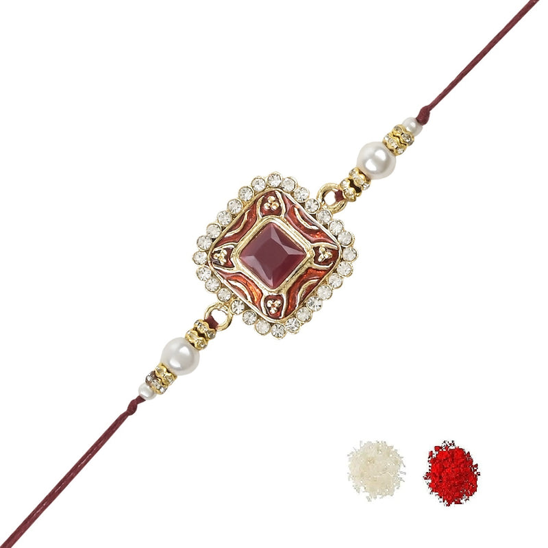 Etnico I Jewels Pearl & Meenakari Designer Bhaiya Rakhi With Roli Chawal for Brother/Bro/Men with Rakshabandhan Card (R098M)