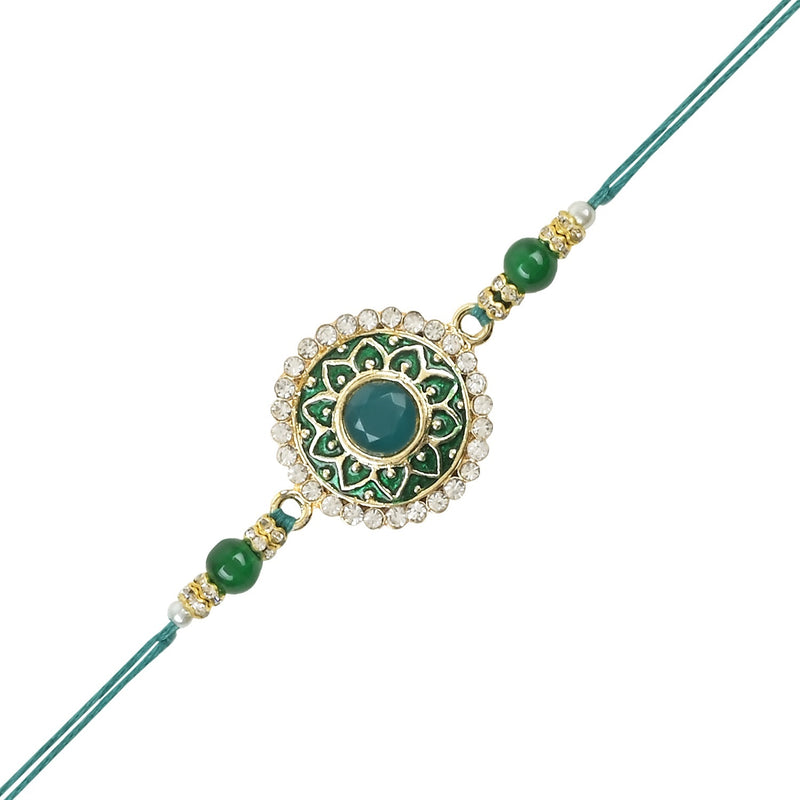 Etnico I Jewels Rakshabandhan Designer Handcrafted Pearl & Kundan Bhaiya Rakhi With Roli Chawal for Brother/Bro/Men (R100M-G)