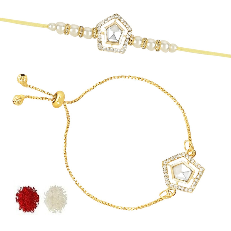 Etnico I Jewels Designer Kundan & Pearl Bhaiya Bhabhi Lumba Rakhi Set with Adjustable Pull Chain with Roli Chawal and Rakshabandhan Card (R102W-CO)