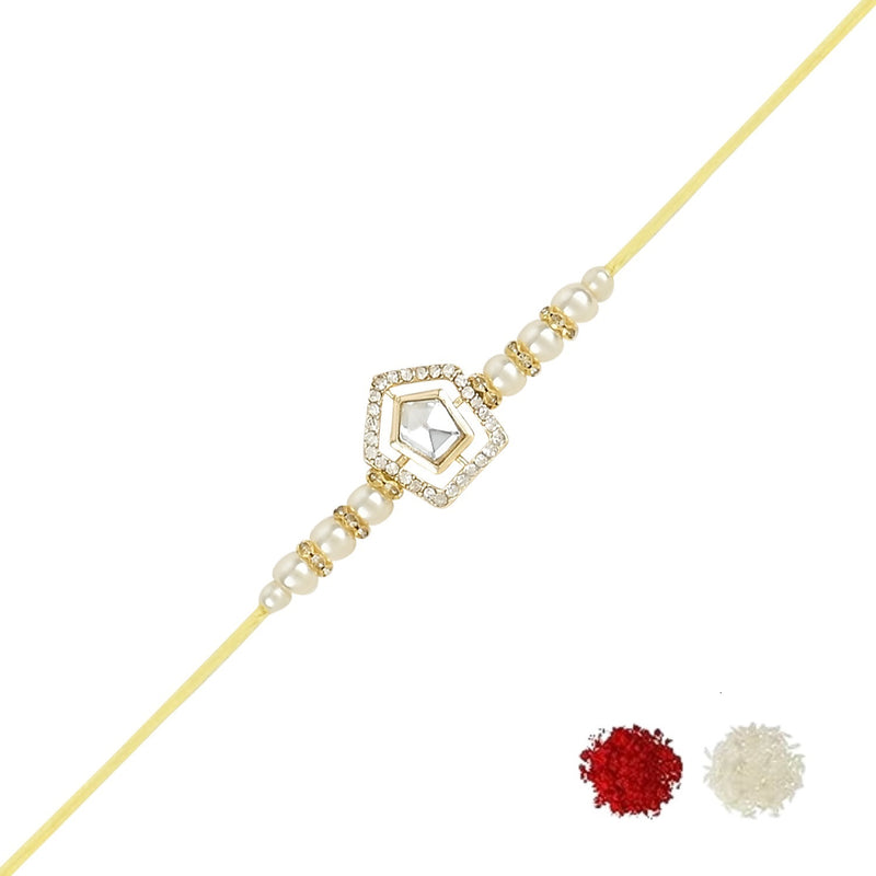 Etnico I Jewels Pearl & Kundan Designer Bhaiya Rakhi With Roli Chawal for Brother/Bro/Men with Rakshabandhan Card (R102W)