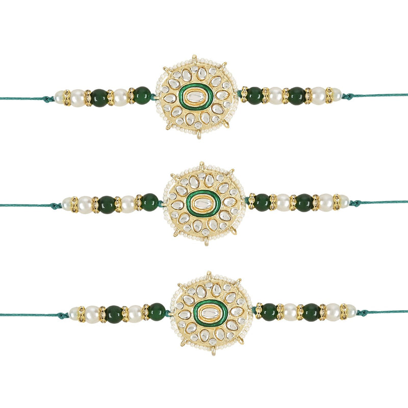 Etnico I Jewels Rakshabandhan Designer Handcrafted Pearl & Kundan Bhaiya Rakhi With Roli Chawal for Brother/Bro/Men (R105G-3)