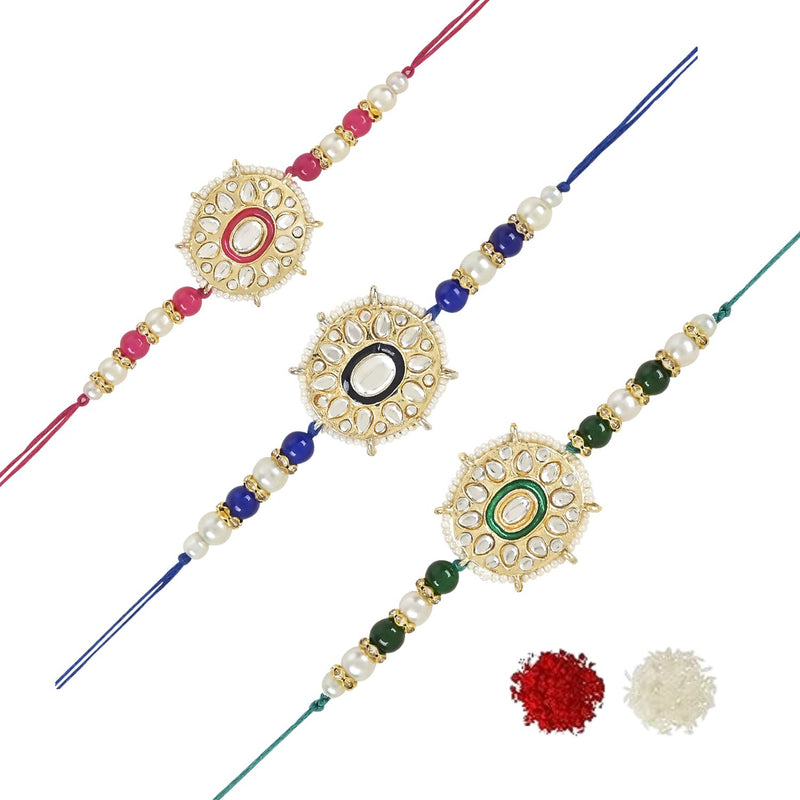 Etnico I Jewels Rakshabandhan Designer Handcrafted Pearl & Kundan Bhaiya Rakhi With Roli Chawal for Brother/Bro/Men (R105G-Q-Bl)