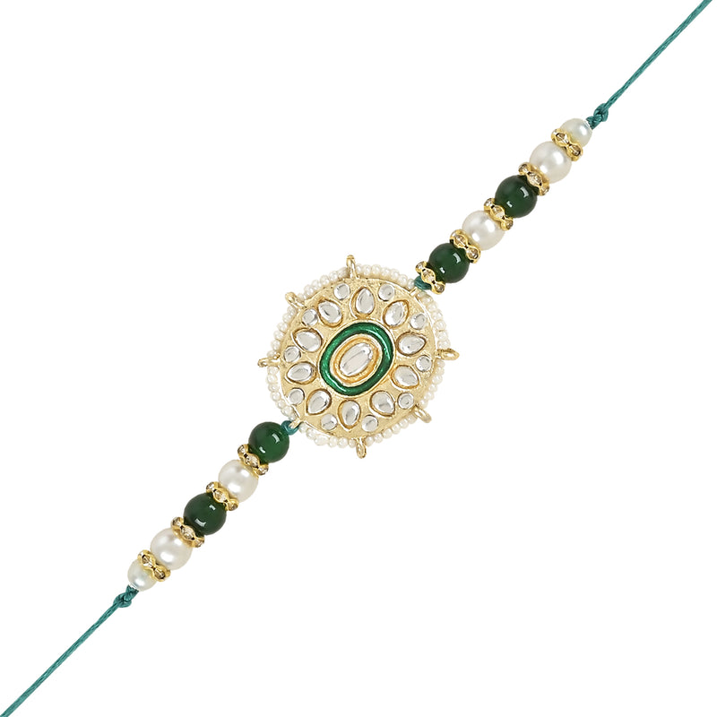 Etnico I Jewels Rakshabandhan Designer Handcrafted Pearl & Kundan Bhaiya Rakhi With Roli Chawal for Brother/Bro/Men (R105G-Q-Bl)