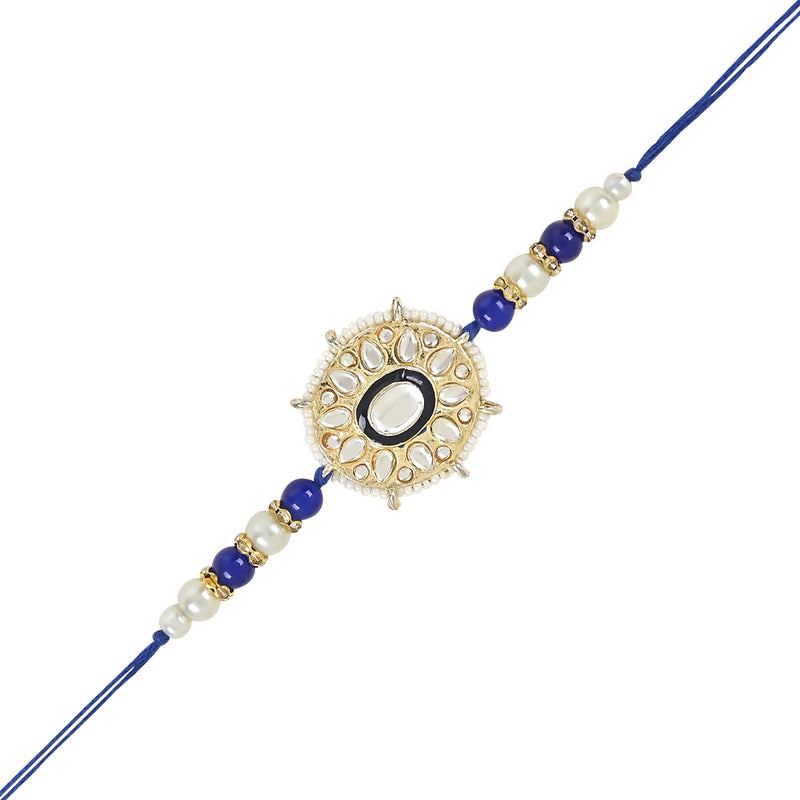 Etnico I Jewels Rakshabandhan Designer Handcrafted Pearl & Kundan Bhaiya Rakhi With Roli Chawal for Brother/Bro/Men (R105G-Q-Bl)